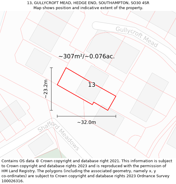 13, GULLYCROFT MEAD, HEDGE END, SOUTHAMPTON, SO30 4SR: Plot and title map