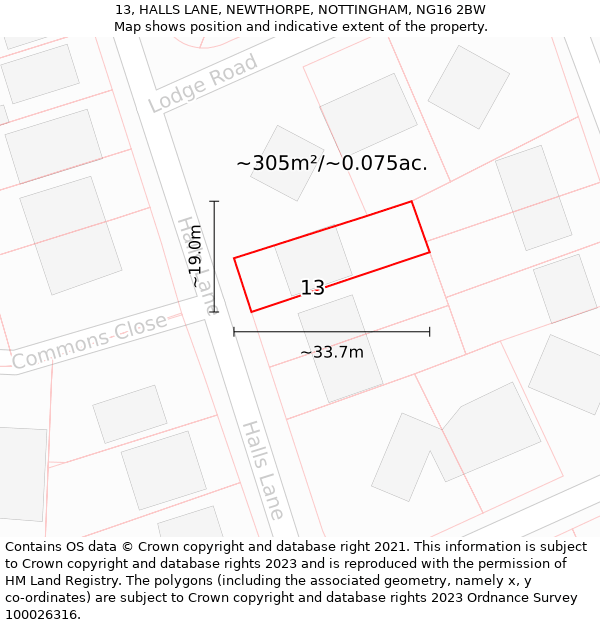 13, HALLS LANE, NEWTHORPE, NOTTINGHAM, NG16 2BW: Plot and title map