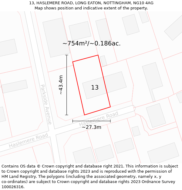 13, HASLEMERE ROAD, LONG EATON, NOTTINGHAM, NG10 4AG: Plot and title map