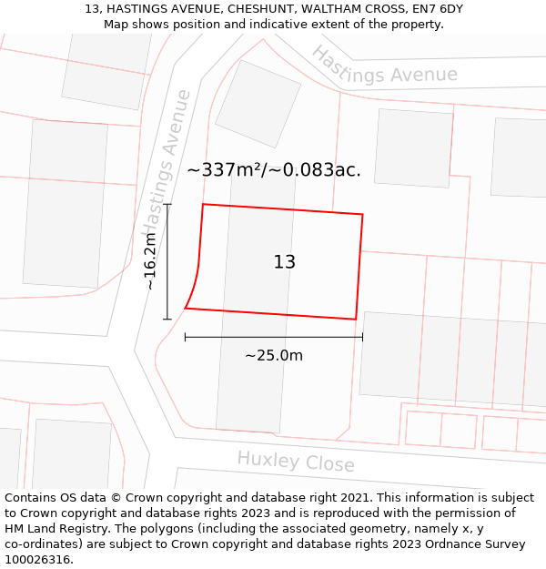13, HASTINGS AVENUE, CHESHUNT, WALTHAM CROSS, EN7 6DY: Plot and title map
