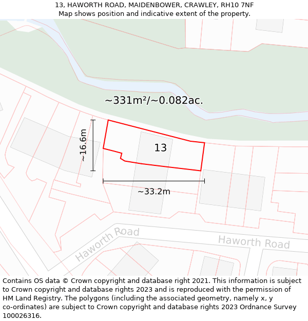 13, HAWORTH ROAD, MAIDENBOWER, CRAWLEY, RH10 7NF: Plot and title map