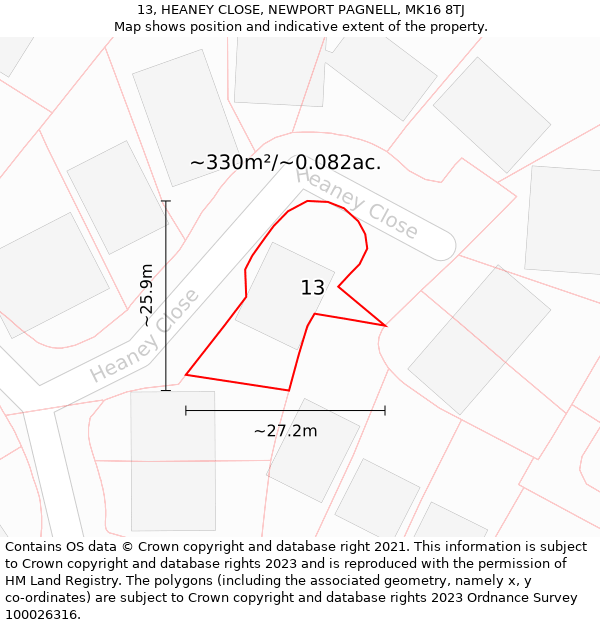 13, HEANEY CLOSE, NEWPORT PAGNELL, MK16 8TJ: Plot and title map