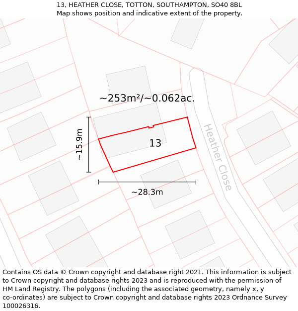 13, HEATHER CLOSE, TOTTON, SOUTHAMPTON, SO40 8BL: Plot and title map