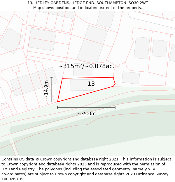 13, HEDLEY GARDENS, HEDGE END, SOUTHAMPTON, SO30 2WT: Plot and title map