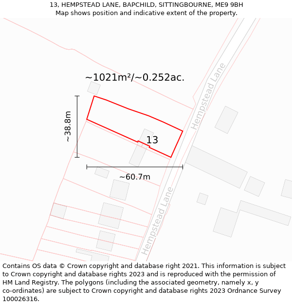 13, HEMPSTEAD LANE, BAPCHILD, SITTINGBOURNE, ME9 9BH: Plot and title map