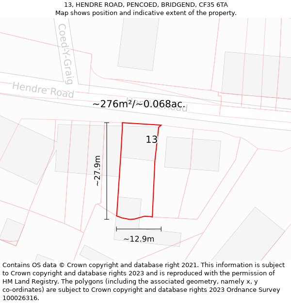 13, HENDRE ROAD, PENCOED, BRIDGEND, CF35 6TA: Plot and title map