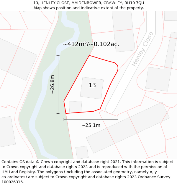 13, HENLEY CLOSE, MAIDENBOWER, CRAWLEY, RH10 7QU: Plot and title map