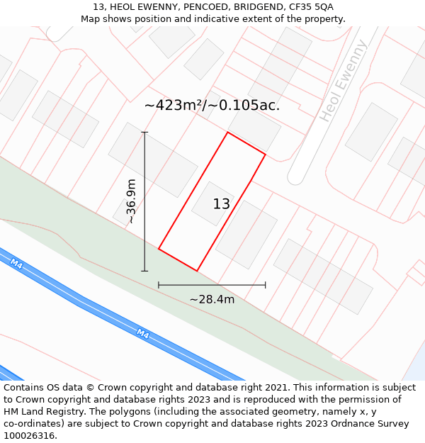 13, HEOL EWENNY, PENCOED, BRIDGEND, CF35 5QA: Plot and title map