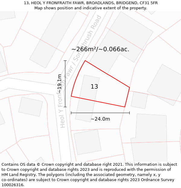 13, HEOL Y FRONFRAITH FAWR, BROADLANDS, BRIDGEND, CF31 5FR: Plot and title map