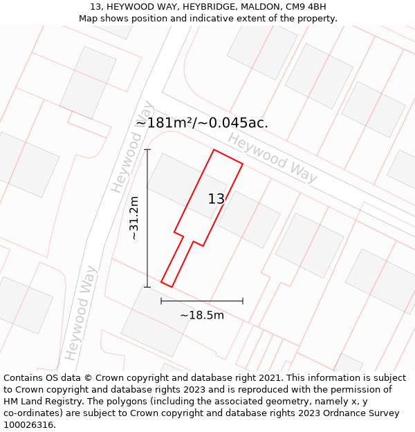 13, HEYWOOD WAY, HEYBRIDGE, MALDON, CM9 4BH: Plot and title map