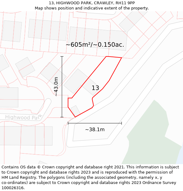 13, HIGHWOOD PARK, CRAWLEY, RH11 9PP: Plot and title map