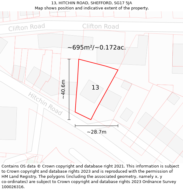 13, HITCHIN ROAD, SHEFFORD, SG17 5JA: Plot and title map
