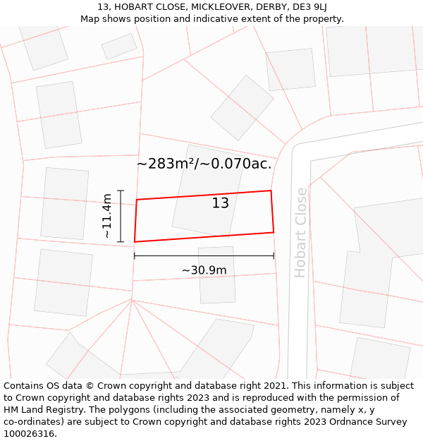 13, HOBART CLOSE, MICKLEOVER, DERBY, DE3 9LJ: Plot and title map