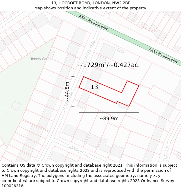 13, HOCROFT ROAD, LONDON, NW2 2BP: Plot and title map