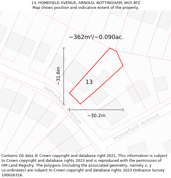 13, HOMEFIELD AVENUE, ARNOLD, NOTTINGHAM, NG5 8FZ: Plot and title map