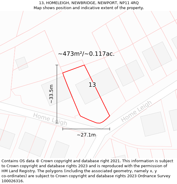 13, HOMELEIGH, NEWBRIDGE, NEWPORT, NP11 4RQ: Plot and title map