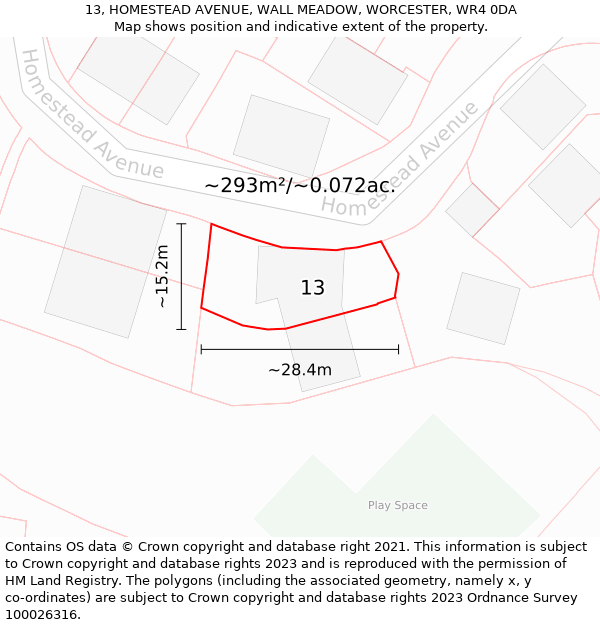 13, HOMESTEAD AVENUE, WALL MEADOW, WORCESTER, WR4 0DA: Plot and title map