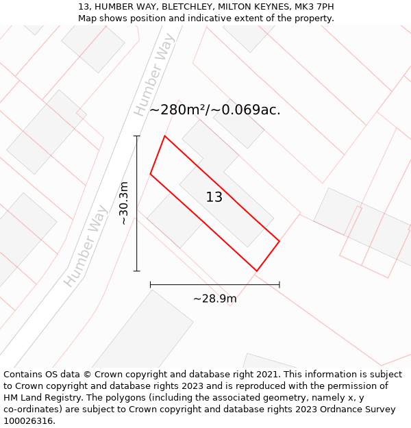 13, HUMBER WAY, BLETCHLEY, MILTON KEYNES, MK3 7PH: Plot and title map