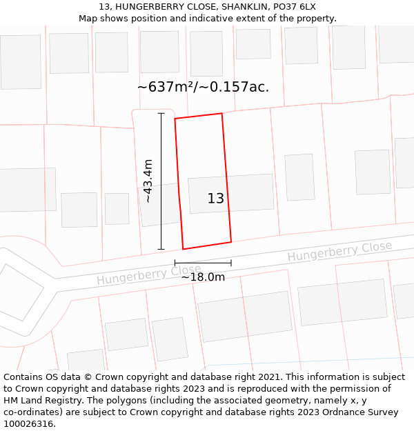 13, HUNGERBERRY CLOSE, SHANKLIN, PO37 6LX: Plot and title map