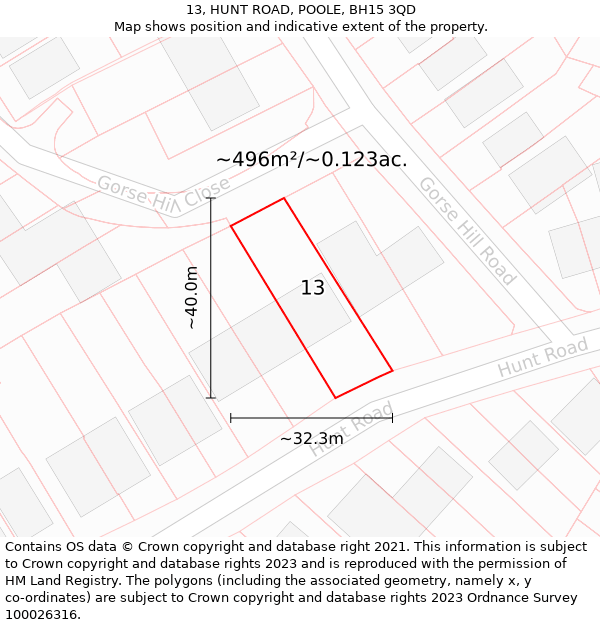 13, HUNT ROAD, POOLE, BH15 3QD: Plot and title map