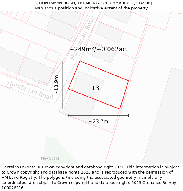 13, HUNTSMAN ROAD, TRUMPINGTON, CAMBRIDGE, CB2 9BJ: Plot and title map