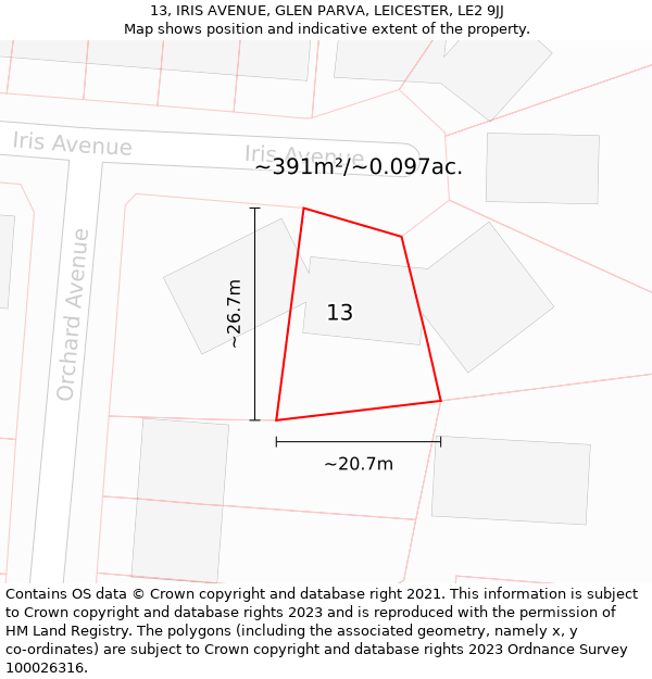 13, IRIS AVENUE, GLEN PARVA, LEICESTER, LE2 9JJ: Plot and title map