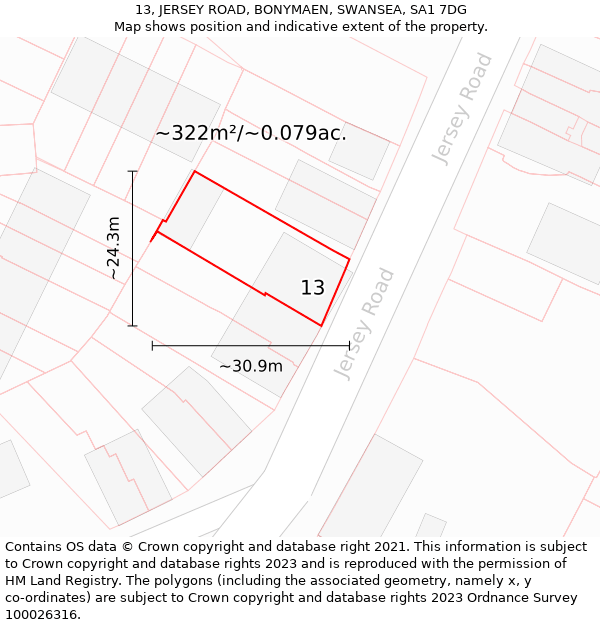 13, JERSEY ROAD, BONYMAEN, SWANSEA, SA1 7DG: Plot and title map