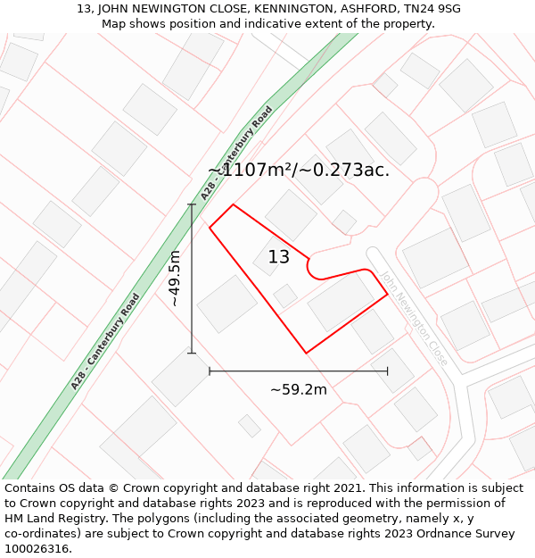 13, JOHN NEWINGTON CLOSE, KENNINGTON, ASHFORD, TN24 9SG: Plot and title map