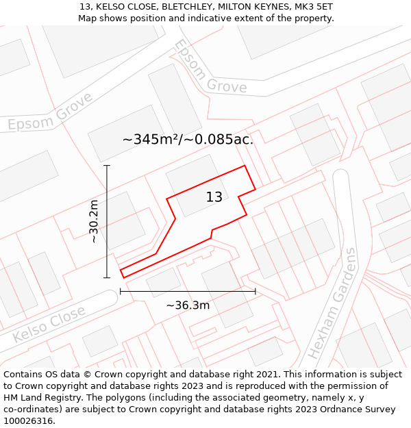 13, KELSO CLOSE, BLETCHLEY, MILTON KEYNES, MK3 5ET: Plot and title map