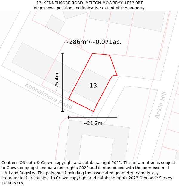 13, KENNELMORE ROAD, MELTON MOWBRAY, LE13 0RT: Plot and title map