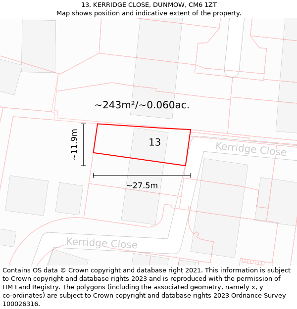 13, KERRIDGE CLOSE, DUNMOW, CM6 1ZT: Plot and title map