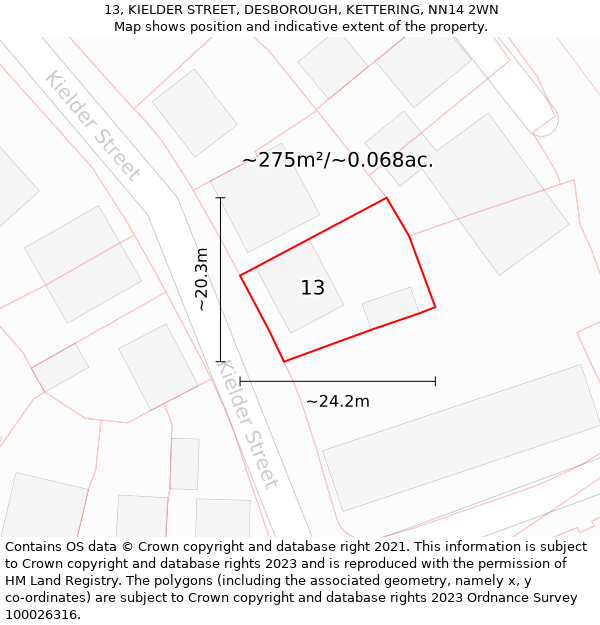 13, KIELDER STREET, DESBOROUGH, KETTERING, NN14 2WN: Plot and title map