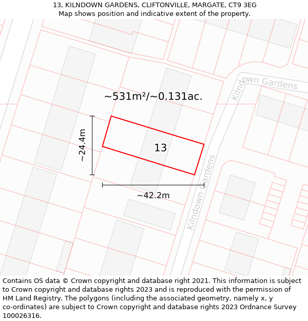 13, KILNDOWN GARDENS, CLIFTONVILLE, MARGATE, CT9 3EG: Plot and title map