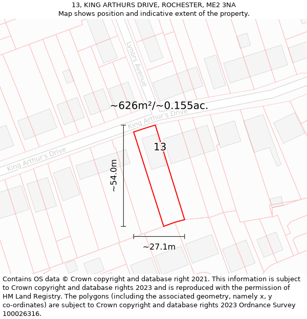 13, KING ARTHURS DRIVE, ROCHESTER, ME2 3NA: Plot and title map