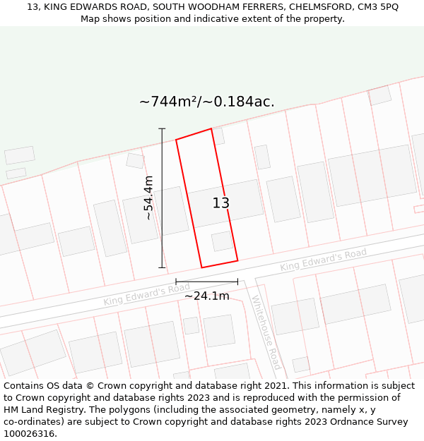 13, KING EDWARDS ROAD, SOUTH WOODHAM FERRERS, CHELMSFORD, CM3 5PQ: Plot and title map