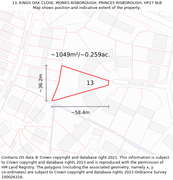 13, KINGS OAK CLOSE, MONKS RISBOROUGH, PRINCES RISBOROUGH, HP27 9LB: Plot and title map