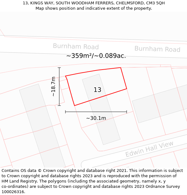 13, KINGS WAY, SOUTH WOODHAM FERRERS, CHELMSFORD, CM3 5QH: Plot and title map