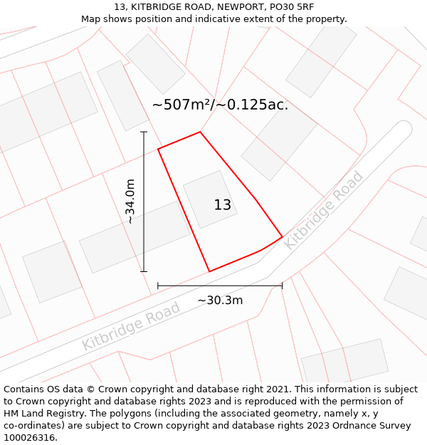 13, KITBRIDGE ROAD, NEWPORT, PO30 5RF: Plot and title map