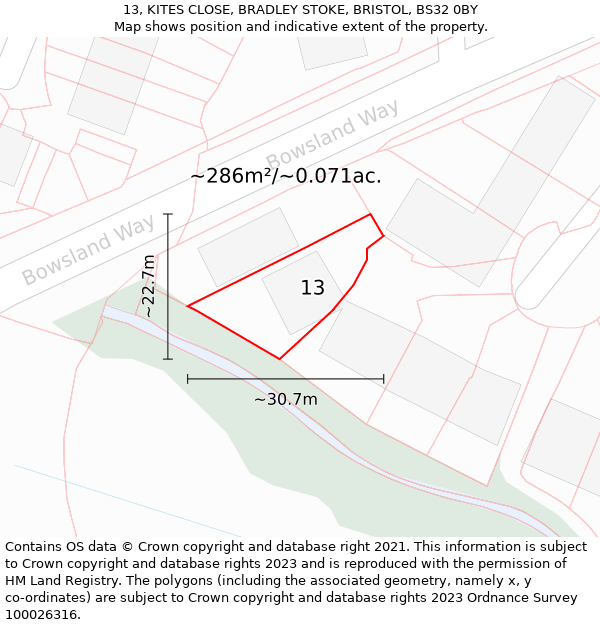 13, KITES CLOSE, BRADLEY STOKE, BRISTOL, BS32 0BY: Plot and title map