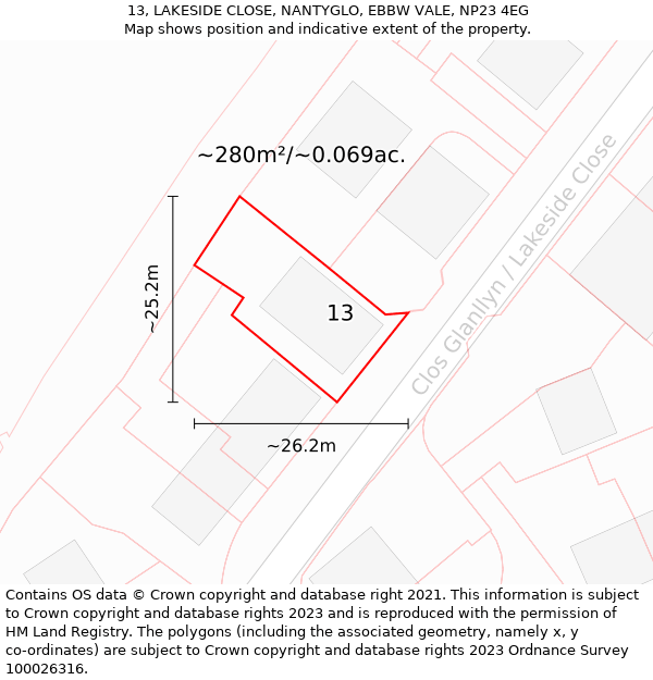 13, LAKESIDE CLOSE, NANTYGLO, EBBW VALE, NP23 4EG: Plot and title map