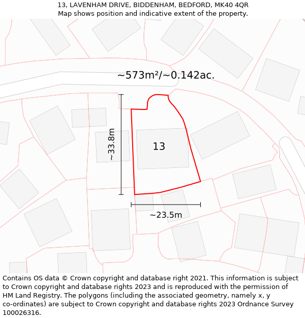 13, LAVENHAM DRIVE, BIDDENHAM, BEDFORD, MK40 4QR: Plot and title map