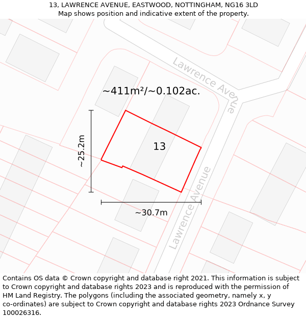 13, LAWRENCE AVENUE, EASTWOOD, NOTTINGHAM, NG16 3LD: Plot and title map