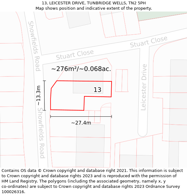 13, LEICESTER DRIVE, TUNBRIDGE WELLS, TN2 5PH: Plot and title map