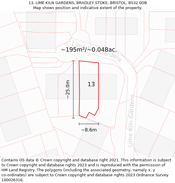 13, LIME KILN GARDENS, BRADLEY STOKE, BRISTOL, BS32 0DB: Plot and title map