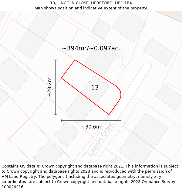 13, LINCOLN CLOSE, HEREFORD, HR1 1RX: Plot and title map