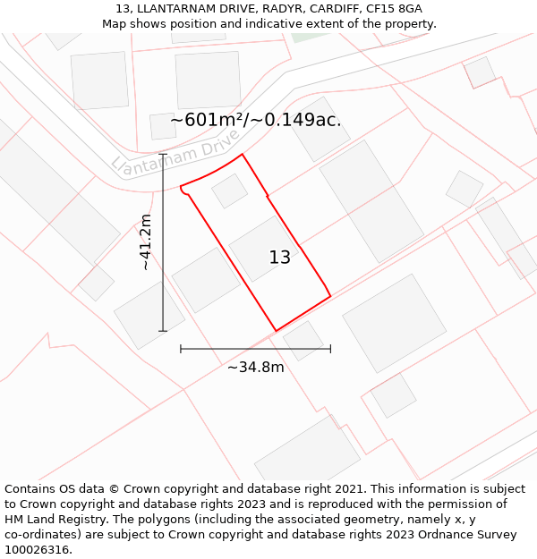 13, LLANTARNAM DRIVE, RADYR, CARDIFF, CF15 8GA: Plot and title map