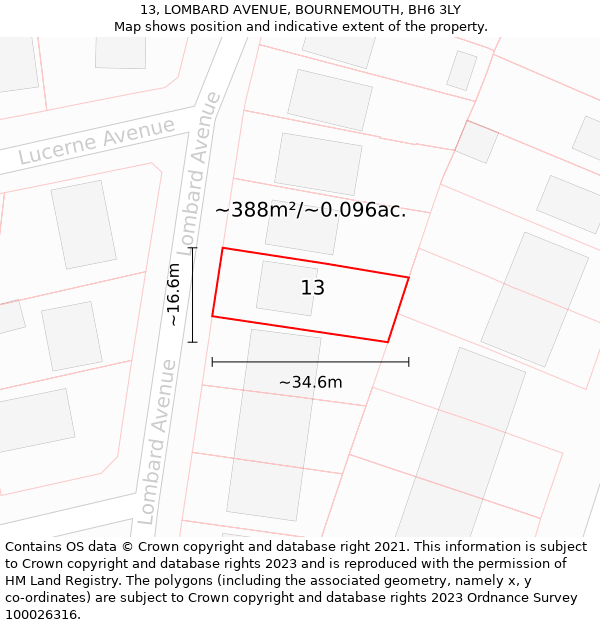 13, LOMBARD AVENUE, BOURNEMOUTH, BH6 3LY: Plot and title map