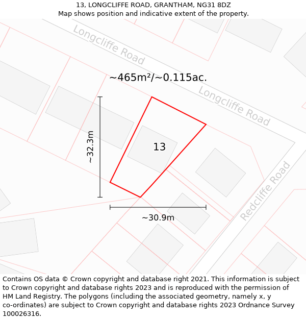 13, LONGCLIFFE ROAD, GRANTHAM, NG31 8DZ: Plot and title map