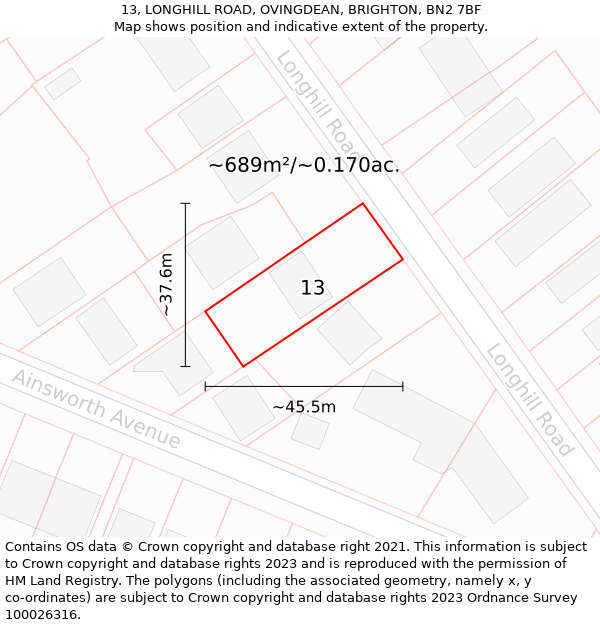 13, LONGHILL ROAD, OVINGDEAN, BRIGHTON, BN2 7BF: Plot and title map