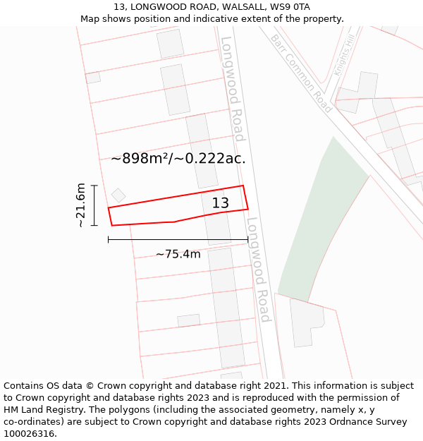 13, LONGWOOD ROAD, WALSALL, WS9 0TA: Plot and title map